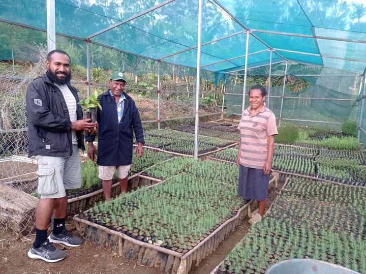 Three brown-skinned people stand inside a greenhouse. They are surrounded by beds of small plants. They are facing the camera and smiling. One of them is holding a plant.