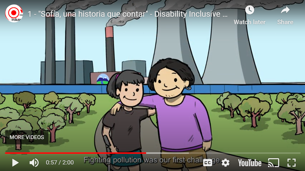 A screenshot from an animated video. Two people, one with a crutch, stand together with an arm around each other. Behind them are trees and greenery, and behind that are factories with thick plumes of smoke coming out. At the bottom is a caption that says "Fighting pollution was our first challenge."