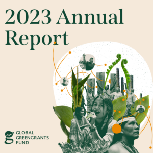 Cover imagery for the 2023 annual report. At the top, in bold letters, it says “2023 Annual Report.” In the bottom left corner is a Global Greengrants Fund logo. The image features a collage depicting environmental defenders with various gender presentations, races, and ethnicities. They are surrounded by cut-out images of leaves and other plant parts. Woven throughout the images in the collage are orange dots connected by lines, evoking ideas of interconnectivity between the people and plants depicted.